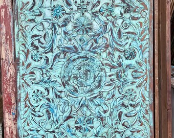Sea Blue Lotus Carved Sliding Barn Door, Reclaimed Wood Door King Headboard, Vintage Eclectic Boho Rustic Modern Decor 80x36