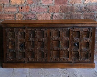 Rustic Old Door Sideboard, Old World Sideboard, Brown Patina Credenza Buffet, Media Chest, Farmhouse Cabinet Storage