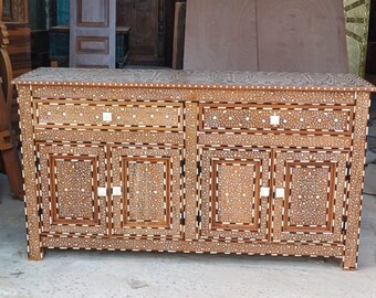 PRE ORDER Antique Indian Bone Inlay Sideboard, Farmhouse Buffet, Liquor Cabinet, 4 Door Credenza Cabinet with Drawers, 60x33x16