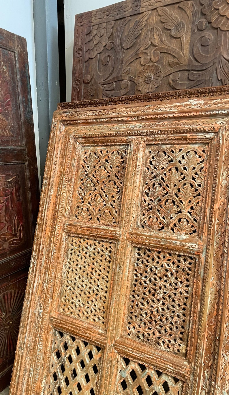 Ornate Vintage Jali Wall panel, Rustic Jharokha, Wall Decor, Indian Carved Accent Wall, Latticed Wood Carved Decor, Interior decor image 4