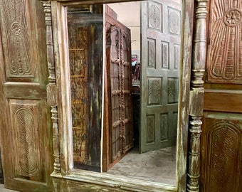 Rustic Carved Wall Mirror, Indian Jharokha Mirror, Handcarved Reclaimed Wood Vintage Wood Floor Mirror, Unique Eclectic Decor 62x44