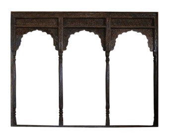 Vintage Triple Archway, Spanish Haveli Architecture Dark Tone, Veranda Arch, Back&Front Carved Rustic Decor 118INCHES