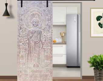 Reclaimed Buddha Wall Art, Carved Standing Shakyamuni Buddha Door, Yoga Barn Door Sculpture 84X36 Unique Eclectic