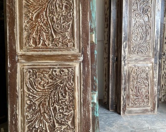 Vintage India Carved Gulmohar Door, Reclaimed Wood,, Whitewash Rustic Barn Door, Floral Carved Sliding Door, Unique Eclectic Decor, 77x35