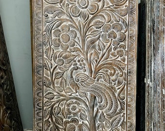 Rustic Vintage Tree of Life Barn Door Panel, Peacocks Wood Carving Wall Sculpture, Wall Art, Gaia, Holistic Indian Decor, Home Decor 84X40