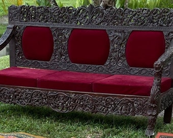 Antique Kashmir Sofa, 3 Seater Sofa Chair Bench, Ornate Dark Teak Wood Carved Beautiful Indian Antique Sofa, Unique Eclectic BLACK FRIDAY