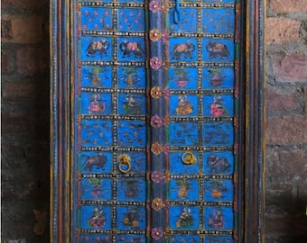 Antique INDIAN JAIPUR DOOR, Blue Painted Haveli BarnDoors, Farmhouse Distressed Teak Barn Doors, Garden Resort Decor 76 Inches