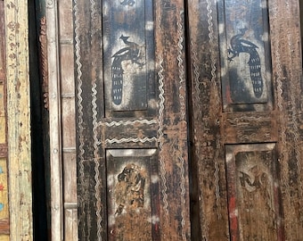 Antique Rustic Farmhouse Doors, Dark Brown Krishna Peacock Painted Indian Doors, Artisan Teak Wood Door Panels, Unique Eclectic