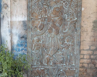 Vintage Krishna Wall Art, Hand-carved Fluting Krishna With Cow Wall Panel, Custom Barndoor, Gift For Her, Indian Carved Yoga Sculpture