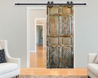 Vintage Barn Door, Rustic Carved Green Door Panel, Handcarved Barn Doors, Sliding Door Architectural Unique Eclectic