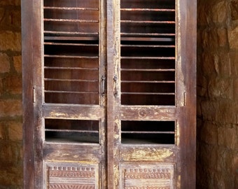 Rustic Brown Jali Armoire, Iron Bars, Tall Cabinet Chest, Accent Armoire, Unique Hand Carved Reclaimed Wood Storage Farmhouse Decor