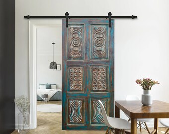 Artistic Vintage Blue Barn Doors, Carved Barndoor, Spanish Style Sliding Barn Door, Rustic Modern Country ranch, Unique Eclectic 80x36