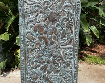 Indian Carved Wall Sculpture, Fluting KRISHNA Barn Door, Kadambari Tree, Blue Hues, Barndoor, Reclaimed Wood, Unique Eclectic Decor