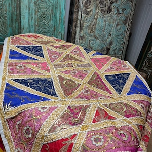 Vintage Pink Blue Decorative Indian Sari Tapestry, Beaded Tapestry, Wall Decor, Wall Hanging, Boho Style Headboard, Zardozi Bed Throw image 1