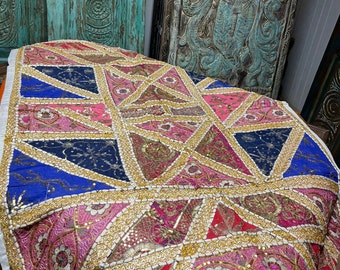 Vintage Pink Blue Decorative Indian Sari Tapestry, Beaded Tapestry, Wall Decor, Wall Hanging, Boho Style Headboard, Zardozi Bed Throw