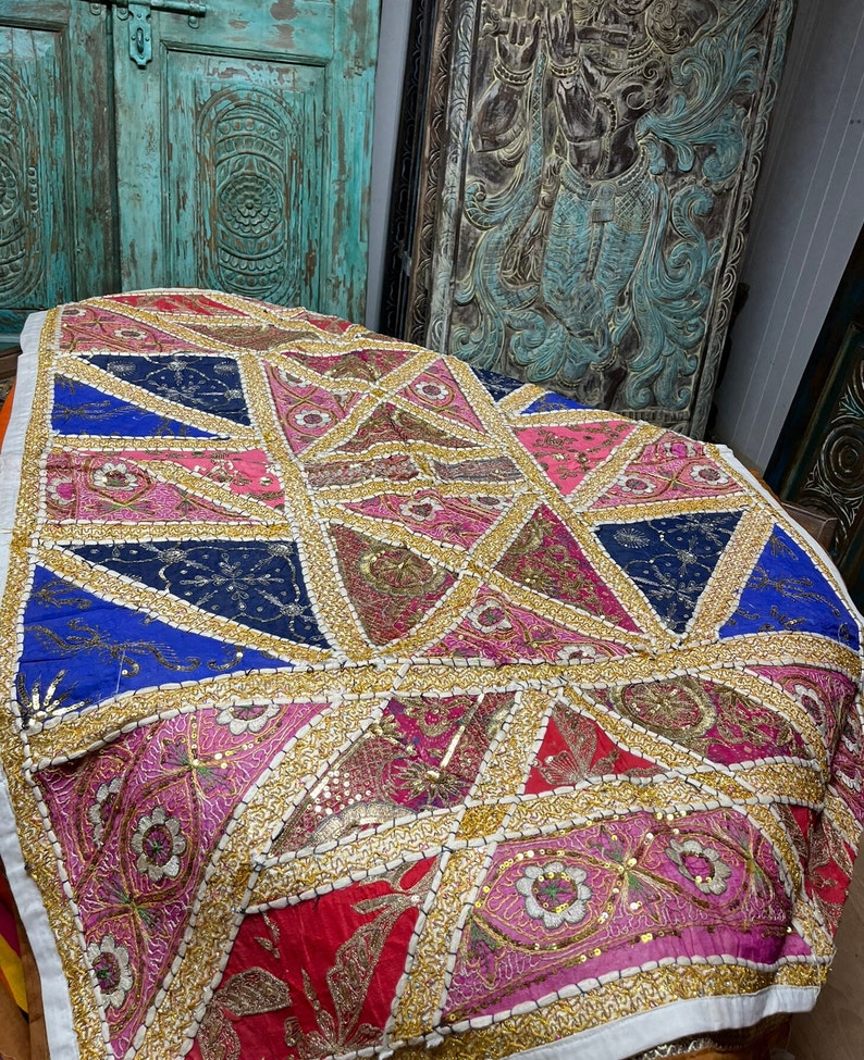 Vintage Pink Blue Decorative Indian Sari Tapestry, Beaded Tapestry, Wall Decor, Wall Hanging, Boho Style Headboard, Zardozi Bed Throw image 1