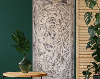 Fluting Krishna Carving, Vintage Whitewash Barn Door, CUSTOM Sliding Door, Organic Carved Wall Sculpture, Indian Artistic Elements 83x36