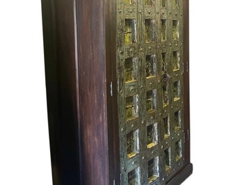 Antique Carved Solid Wood Armoire, Transitional Green Detail Bedroom Closet, Unique Indian Artisan Handcarved Wardrobe, Rustic Armoire