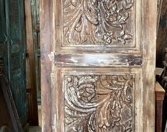 Vintage Indian Carved Gulmohar Door, Reclaimed Wood, Whitewash Rustic Barn Door, Ornate Carved Sliding Door, Boho Rustic Eclectic, 80x30