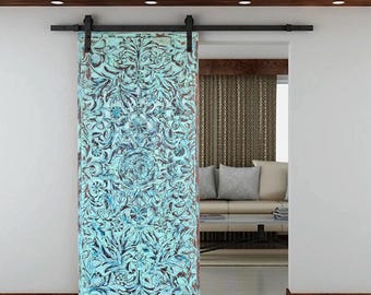 Sea Blue Lotus Carved Sliding Barn Door, Reclaimed Wood Door King Headboard, Vintage Eclectic Boho Rustic Modern Decor 80x36