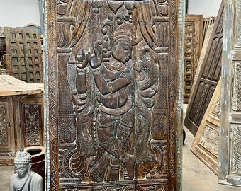 Vintage Fluting Krishna Wood Carving,Custom Door,Indian Door, Old World Decor,Bold,Eclectic,Organic, Mindful Art