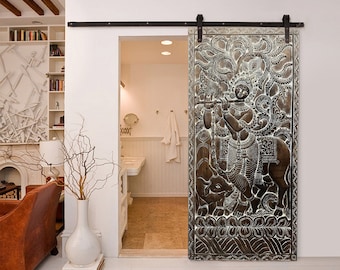 Rustic Wall Sculpture Art, Vintage Carved Door Panel, Krishna Playing Flute with His Cow Panel, Custom Barn Door 72x36