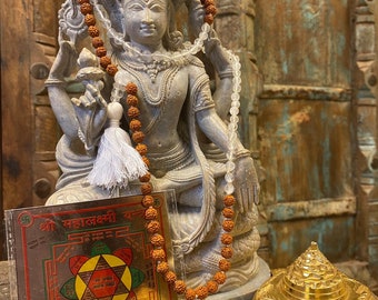 Hand Knotted Rudraksha Quartz Crystal Necklace, Lakshmi Altar - Sacred Geometry Maha Laxmi Yantra, Meru YAntra on Tortoise