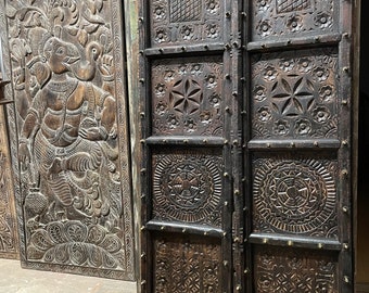 Antique Door from India, Rustic Hand Carved Door, Dark Teak Chakra Door Panels, Custom Doors, Moroccan, Unique Eclectic 80x38