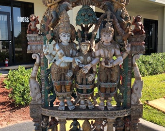 Carved Wood Shiva Parvati Vishnu Statue, India Antique Carving Sculpture, Meditation HOME SANCTUARY 83x52