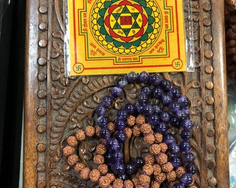 Vedic Shrine Amethyst Rudraksha Mala beads, Crown Chakra Altar, Yoga Japamala, Kuber Yantra, Sacred Geometry, Prosperity and abundance