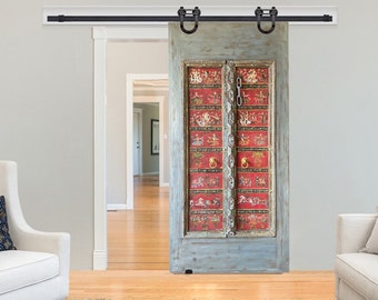 Antique India Painted Door, Ganesh Painted sliding Barndoor, Carved Door, Reclaimed Wood, Resort Hotel Design, Handcarved Door, 88x42