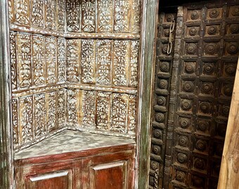 Antique HandCarved Bookshelf, Open Bookcase, Rustic Farmhouse Triangle Reclaimed Wood Bookshelf, Whitewash Tall Cabinet, Display Shelf 84