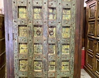 Huge Vintage Carved Solid Wood Armoire Transitional Green Detail Bedroom Closet | Unique Indian Artisan Wardrobe