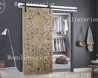 Triple Lotus Lattice Carved Door, Farmhouse Barn Door, Natures Harmony Doors, Architectural Latticed Carved Cabinet Door Panel, 80x36