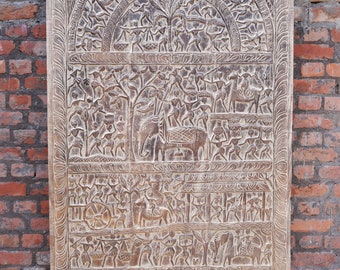 Vintage Reclaimed Woods Tribal Relief Carved Panel Wall Art Village Story Carving Bastar Art Sculpture Hand Carved Panel