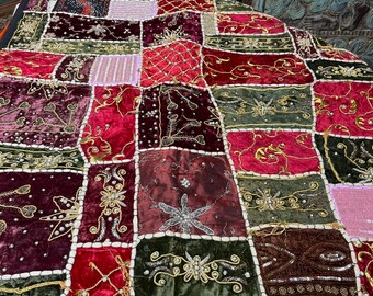 Indian Sari Tapestry, Multi Red beaded Wall Decor, Wall Hanging Tapestry, Vintage Hand Embroidered Wall Hanging, Bohemian Style Decor