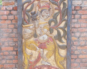 Vintage Krishna Carving Barn Door Panel Fluting KRISHNA Door Panel Wall Art,Hand Carved Wall Sculpture Panel 84x36