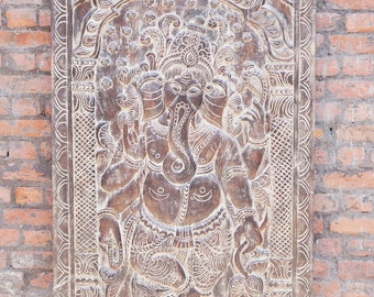 Vintage Ganesha DOOR Panel,Standing on lotus Carved Panel Wood Sculpture Wall Art Sculpture Yoga At Home 84X36