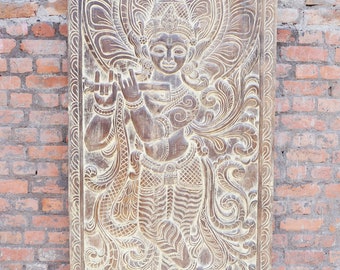Vintage Hand Carving Lord Krishna with a flute in his Hand Barn Door,Wall Art,Door Panel,Wall Sculpture 84x36