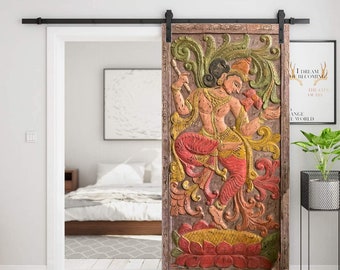 Custom Wall Sculpture Panel, Vintage Carved Door Panel, Ideal Of Divine Love, Krishna Playing Flute with Cow, Door Panel, Artistic Elements