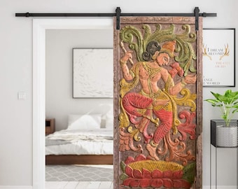 Custom Wall Sculpture Panel, Vintage Carved Door Panel, Ideal Of Divine Love, Krishna Playing Flute with Cow, Door Panel, Artistic Elements