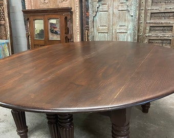 Rustic Dark Wood Handmade Round table, Antique Teak Table, Double Column Base, 8 Seater Dining Table, Pillar Legs, Indian Furniture
