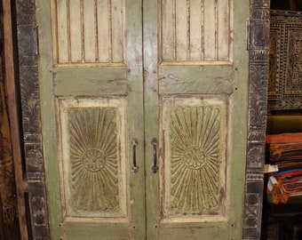 Antique Rustic Green Armoire, Sunrays Carved Armoire, Chakra Holistic Cabinet, Eclectic Reclaimed Wood Vintage India Storage Cabinet