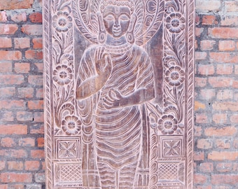 Vintage Pink Hues Standing Buddha Abhaya Mudra Wall Art Hand Carved Wall Panels Wall Art Buddha Relief Panel, Barn Door Sculpture 84X36