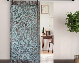 Fluting Krishna Barn Door, Vintage Turquoise Barn Door, CUSTOM, Unique Sliding Door, Carved Wall Art, Indian Door, Rustic Boho Style, 96x40