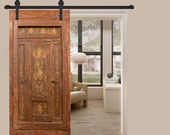 Antique Ganesha Temple Doors, Red Painted Ganesh, Root Chakra Yoga Barndoor, Carved India Barn Door, Feng Shui Harmony Interiors, 80x40