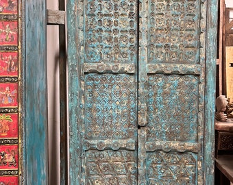 Antique Turquoise Exterior Sliding Doors, Rustic, Boho, Farmhouse, Carved Teak Double Barndoor, Vintage Doors, Mudroom, Eclectic 91x43