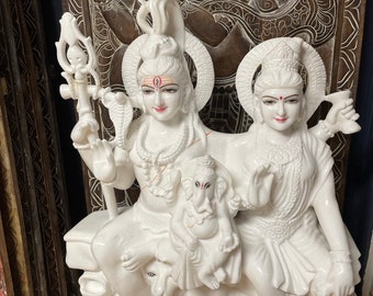 Shiva Parvati Ganesha Nandi, ShivParivar Marble Deity Statue, Pariwar Sculpture, White Marble Hindu God Temple Statue 3.5ft