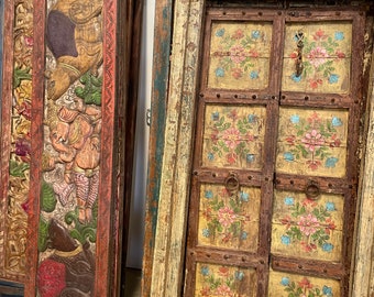 Antique Floral Indian Painted Door, Artistic India Door, Rustic Teak Door, Unique Eclectic BLACK FRIDAY