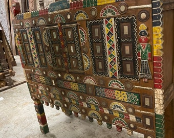 Vintage Indian "Damchiya" Dowry Chest, Hope Chest with Mirrors, Console Tribal Storage Carved Reclaimed Wood